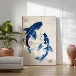 Koi Fish Poster - Japanese Wall Art Print, Blue Ink Brush Painting, Zen Minimalist Decor, Traditional Asian Artwork, Feng Shui Home Design - thumbnail 3