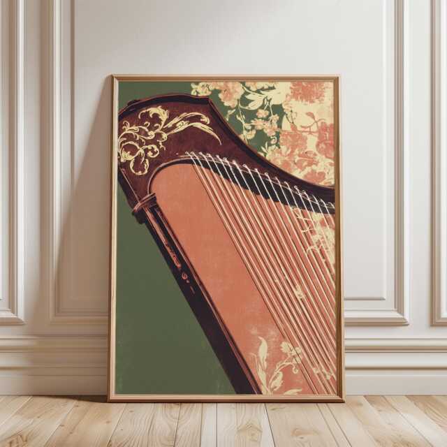 Green Beige Harp Poster - Vintage Musical Instrument Art Nouveau Floral Illustration - image 1