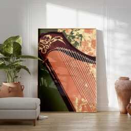 Green Beige Harp Poster - Vintage Musical Instrument Art Nouveau Floral Illustration - thumbnail 3