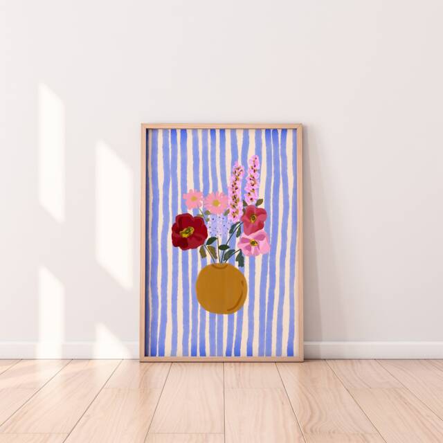 Royal Blue Striped Poppy Flower Bouquet - Still Life Fine Art Print - image 1