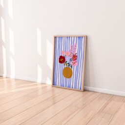 Royal Blue Striped Poppy Flower Bouquet - Still Life Fine Art Print - thumbnail 2