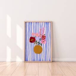 Royal Blue Striped Poppy Flower Bouquet - Still Life Fine Art Print - thumbnail 1