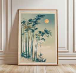 Japanese Bamboo Forest Poster, Moonlit Zen Wall Art, Misty Nature Print