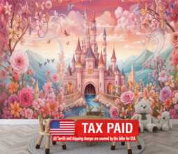 Pink Princess Castle Wallpaper Mural, Girls' Room Decor, Peel & Stick - thumbnail 1