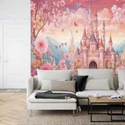 Pink Princess Castle Wallpaper Mural, Girls' Room Decor, Peel & Stick - thumbnail 2