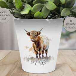 Watercolour Highland Cow Plant Pot - Personalised Pen/Makeup Brush Organizer - thumbnail 2