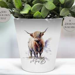 Watercolour Highland Cow Plant Pot - Personalised Pen/Makeup Brush Organizer - thumbnail 3