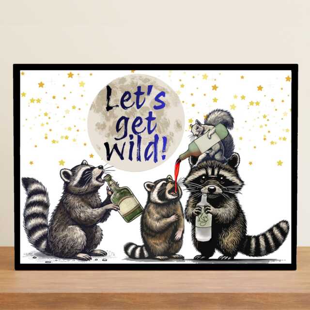 Raccoon A4 Print, High Quality Wall Art, Home Bar Drinks Funny Poster, Quirky Decor, Drunk Raccoons, Let's Get Wild - image 1