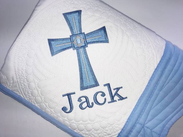Personalized Cross Baby Quilt, Custom Name Embroidered Blanket, Baptism Christening Gift, Heirloom Quilt - image 1