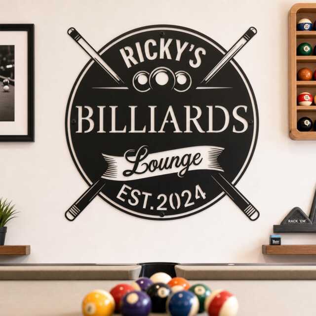 Custom Name Billiards Lounge Metal Sign, Personalized Pool Cue Iron Sheet Wall Art, Est Year Game Room Decor - image 1
