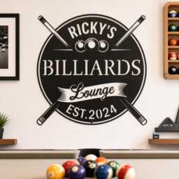 Custom Name Billiards Lounge Metal Sign, Personalized Pool Cue Iron Sheet Wall Art, Est Year Game Room Decor
