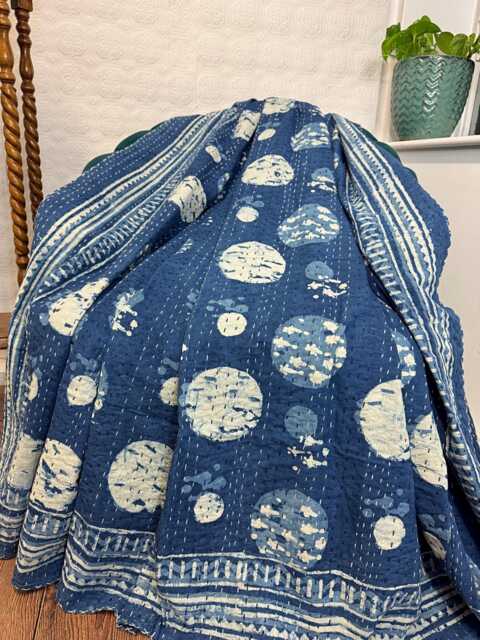 Kantha Stitch Pure Cotton Reversible Bed/Sofa Throw King Size Handmade Dohar - White Indigo Blue Full Moon Lover Polka Mania - image 1