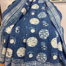 Kantha Stitch Pure Cotton Reversible Bed/Sofa Throw King Size Handmade Dohar - White Indigo Blue Full Moon Lover Polka Mania - thumbnail 3