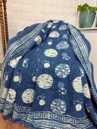 Kantha Stitch Pure Cotton Reversible Bed/Sofa Throw King Size Handmade Dohar - White Indigo Blue Full Moon Lover Polka Mania - thumbnail 1