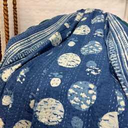 Kantha Stitch Pure Cotton Reversible Bed/Sofa Throw King Size Handmade Dohar - White Indigo Blue Full Moon Lover Polka Mania - thumbnail 2