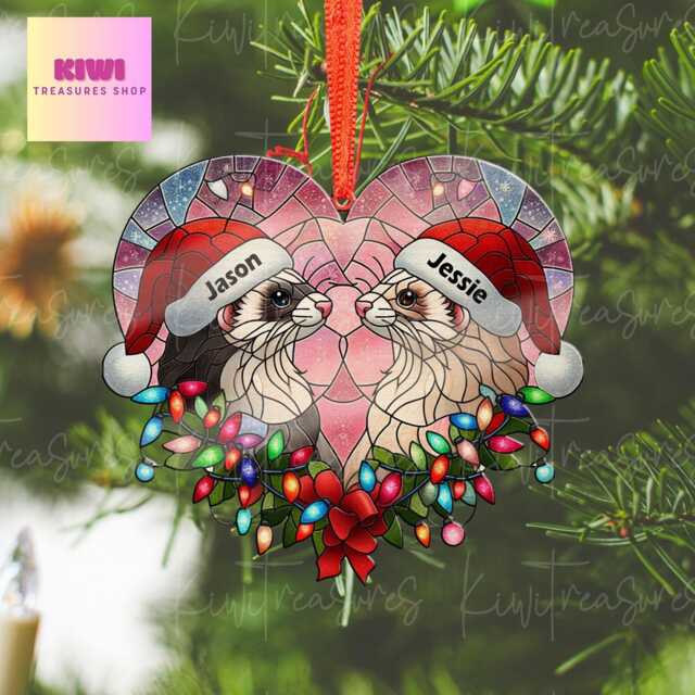 Personalized Ferret Couple Christmas Ornament, Acrylic Or Wood - image 1