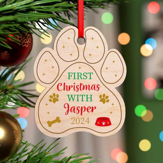Dog Paw Print Christmas Decoration - Personalised First With Puppy Labrador Retriever Pug With Red Bag - image 1