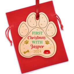 Dog Paw Print Christmas Decoration - Personalised First With Puppy Labrador Retriever Pug With Red Bag - thumbnail 3