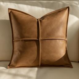 Brown Faux Leather Cushion Cover 45 X cm - Modern Throw Pillow - thumbnail 1