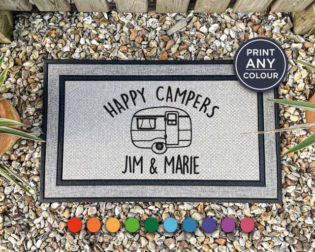 Personalized Happy Campers Names Doormat - Camper D??cor Customised Custom Coir Welcome Mat House Name Sign Home Decor - image 1