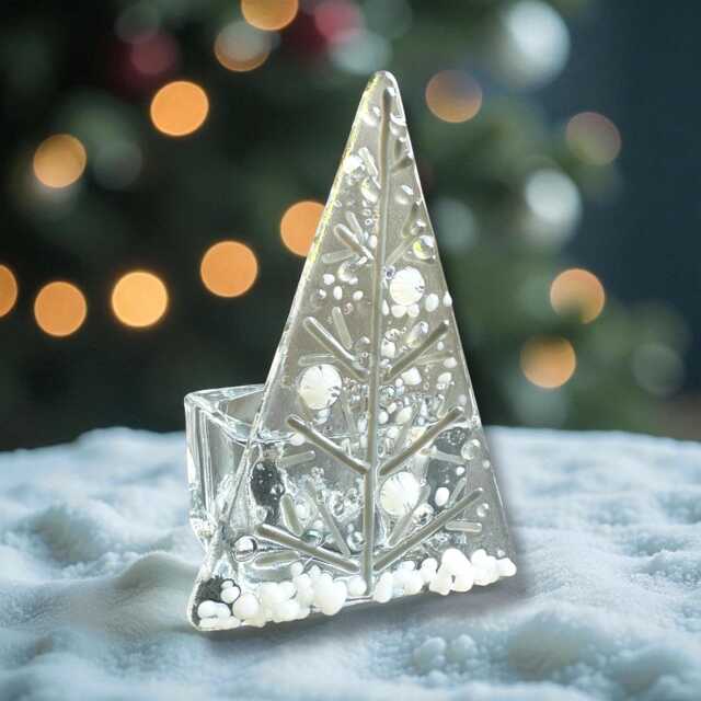 Christmas Tealight Decoration, Grey Sparkle Fused Glass Tree Tea Light Holder - image 1
