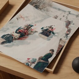 Vintage Tobogganing Print, Snowy Winter Scene, Farmhouse Wall Art - Printable Digital - thumbnail 2