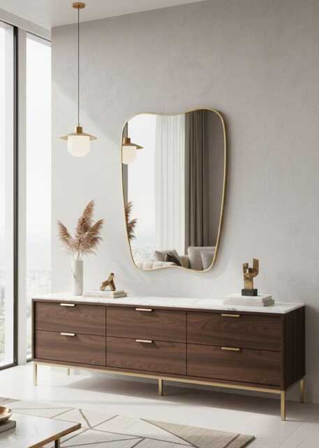 Curved Bathroom Mirror - Vanity Organic Asymmetrical Brass - image 1