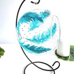 Hand Painted Teal Feather Glass Candle Holder Memorial Bereavement Gift - thumbnail 2