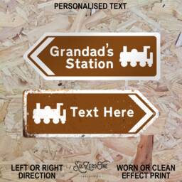 Personalised Steam Train Arrow Metal Sign. Worn Or Clean Look Available. Brown Direction This Way Road UK Platform Railway - thumbnail 2