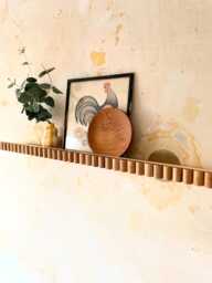 Rippling Scalloped Brass & Oak Art Deco Wall Shelf - Fluted Picture Ledge Decor