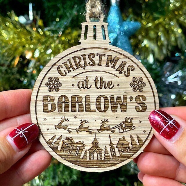 Personalised Family Christmas Xmas - Tree Decoration/Bauble Ornament Wooden Wood Engraved Oak, Cherry Or Walnut- Surname - image 1