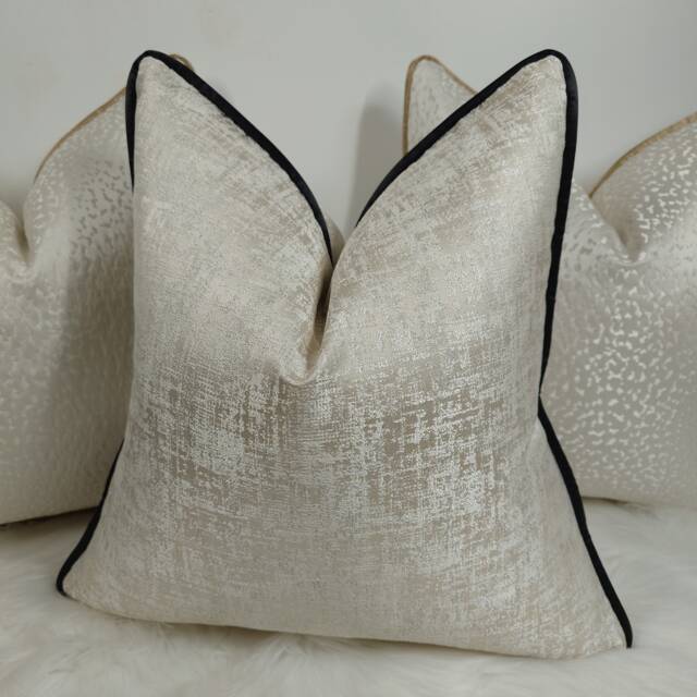 Kidman Cream Luxury Cushion Cover Metallic Silver Detailblack Piped Modern Home Decor Contemporary Sofa & Bed Pillow Designer Handmade - image 1