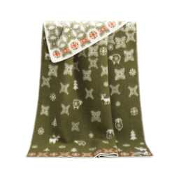 Winter Forest Wool Blanket - Moss Green, Red & White Throw Fully Reversible - thumbnail 1