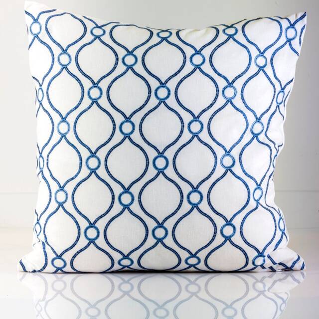 Blue Diamond Embroidered Pillow Cover, White Linen Accent, Coastal Decor - image 1