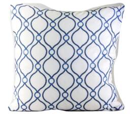 Blue Diamond Embroidered Pillow Cover, White Linen Accent, Coastal Decor - thumbnail 2