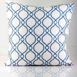 Blue Diamond Embroidered Pillow Cover, White Linen Accent, Coastal Decor - thumbnail 1