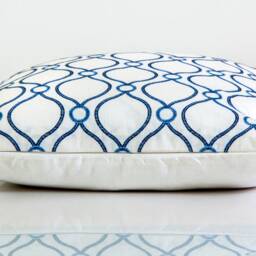 Blue Diamond Embroidered Pillow Cover, White Linen Accent, Coastal Decor - thumbnail 3