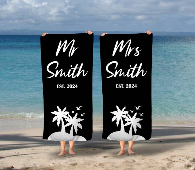 Honeymoon Wedding Beach Towels, Hubby, Wifey, Mr & Mrs, His & Hers, Newleywed Gift, Set Of Two, Anniversary Gift - image 1