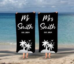 Honeymoon Wedding Beach Towels, Hubby, Wifey, Mr & Mrs, His & Hers, Newleywed Gift, Set Of Two, Anniversary Gift - thumbnail 1