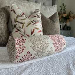 "Red - Taupe Bolster Cushion, Decorative Fern Design Pillow 16"" X 6"