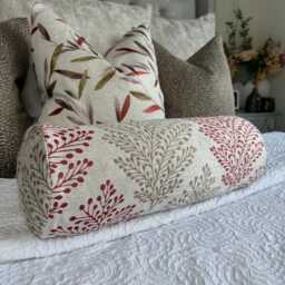 "Red - Taupe Bolster Cushion, Decorative Fern Design Pillow 16"" X 6" - thumbnail 4