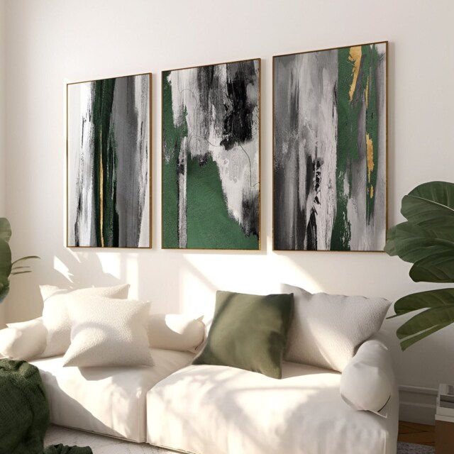 Abstract Art Set Of 3 Prints, Black Green Grey Gold, Brush Strokes, Paint Home Decor, Living Room, Bedroom Minimalist - image 1