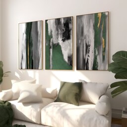 Abstract Art Set Of 3 Prints, Black Green Grey Gold, Brush Strokes, Paint Home Decor, Living Room, Bedroom Minimalist - thumbnail 1