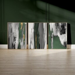 Abstract Art Set Of 3 Prints, Black Green Grey Gold, Brush Strokes, Paint Home Decor, Living Room, Bedroom Minimalist - thumbnail 2