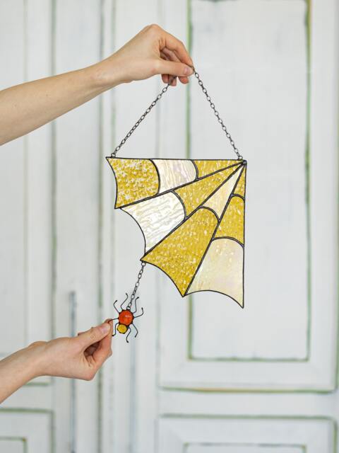 stain Glass Spider Web Cobweb Net Suncatcher Yellow Home House Decor Window Wall Hangings - image 1