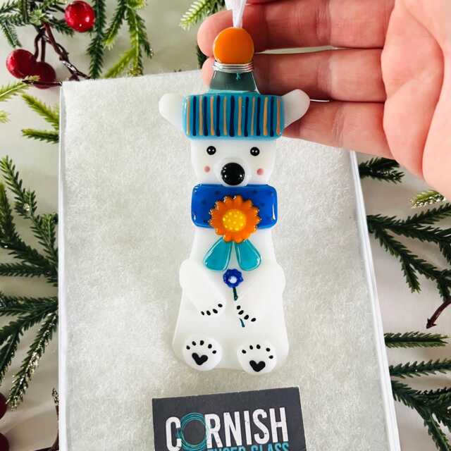 Cute Polar Bear Fused Glass Decoration, Christmas Fused Glass Ornament, Cornwall, Cornish - image 1