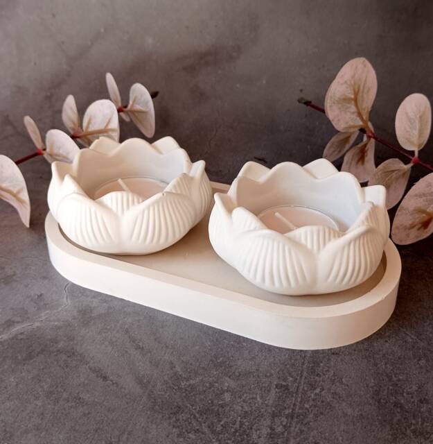 Lotus Concrete Tea Light Holder Set Minimalist Table Decor - image 1