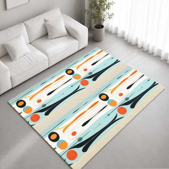 Aqua Orange Retro Vertical Atomic Pattern Rug Non-Slip Soft Area Carpet Bedroom Living Room Hallway Mat Decor - Made in UK - image 1