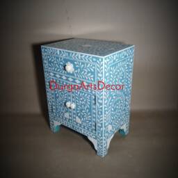 Handmade Bone Inlay Turquoise Floral Pattern Designer Bedside Table/Nightstand - thumbnail 2
