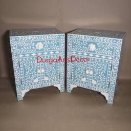 Handmade Bone Inlay Turquoise Floral Pattern Designer Bedside Table/Nightstand - thumbnail 3